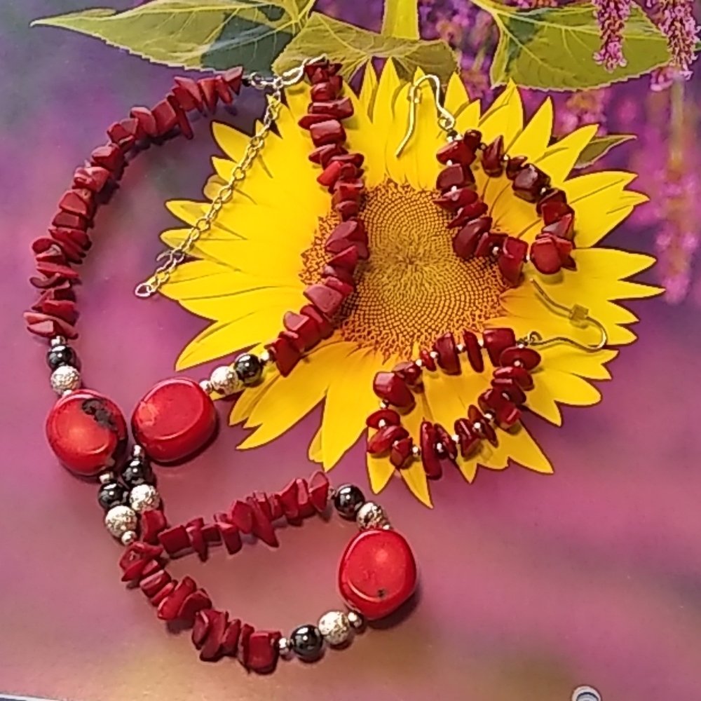 Necklace/ Choker, Hoop Earrings Set, Red Stones